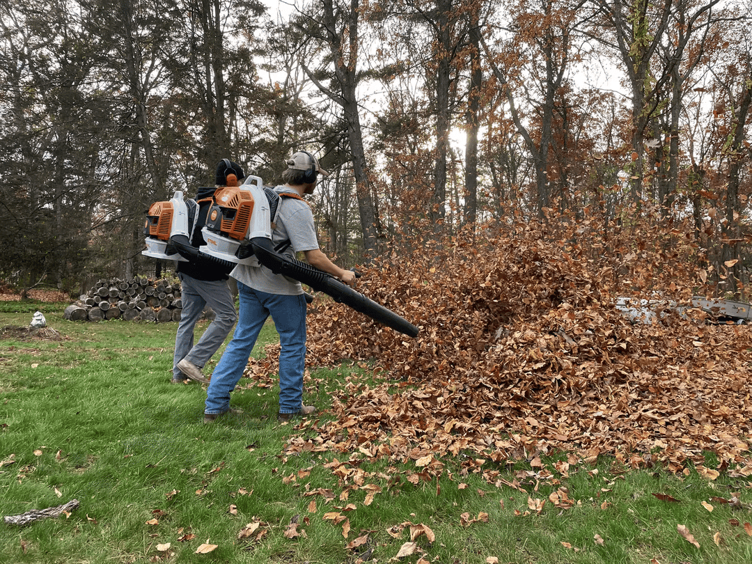 Two people using leaf blowers to clear fallen leaves in a wooded yard during autumn.