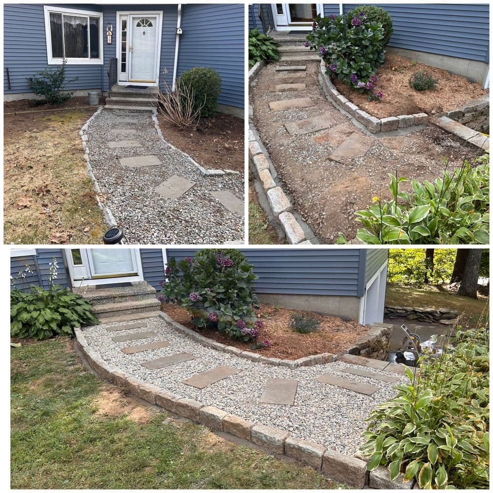 Landscaped pathway renovation featuring stone pavers, gravel, and plants for enhanced curb appeal.