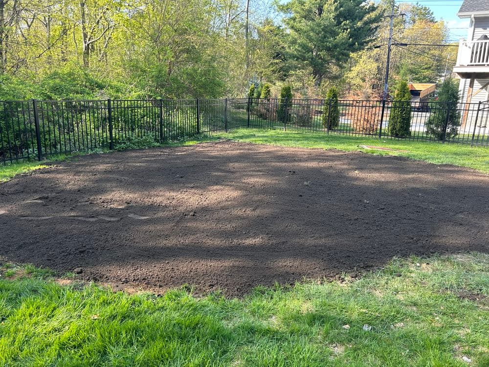 Cleared backyard area with freshly tilled soil, ready for gardening or landscaping projects.