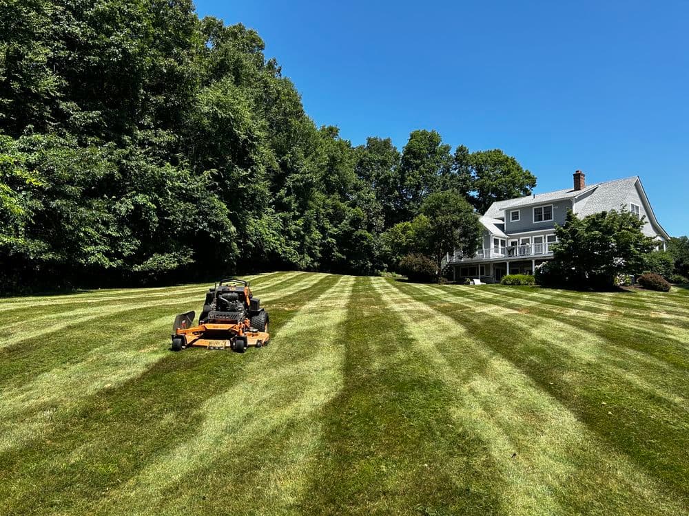 Lawn mower trimming a freshly mowed striped lawn near a modern house in a wooded area.