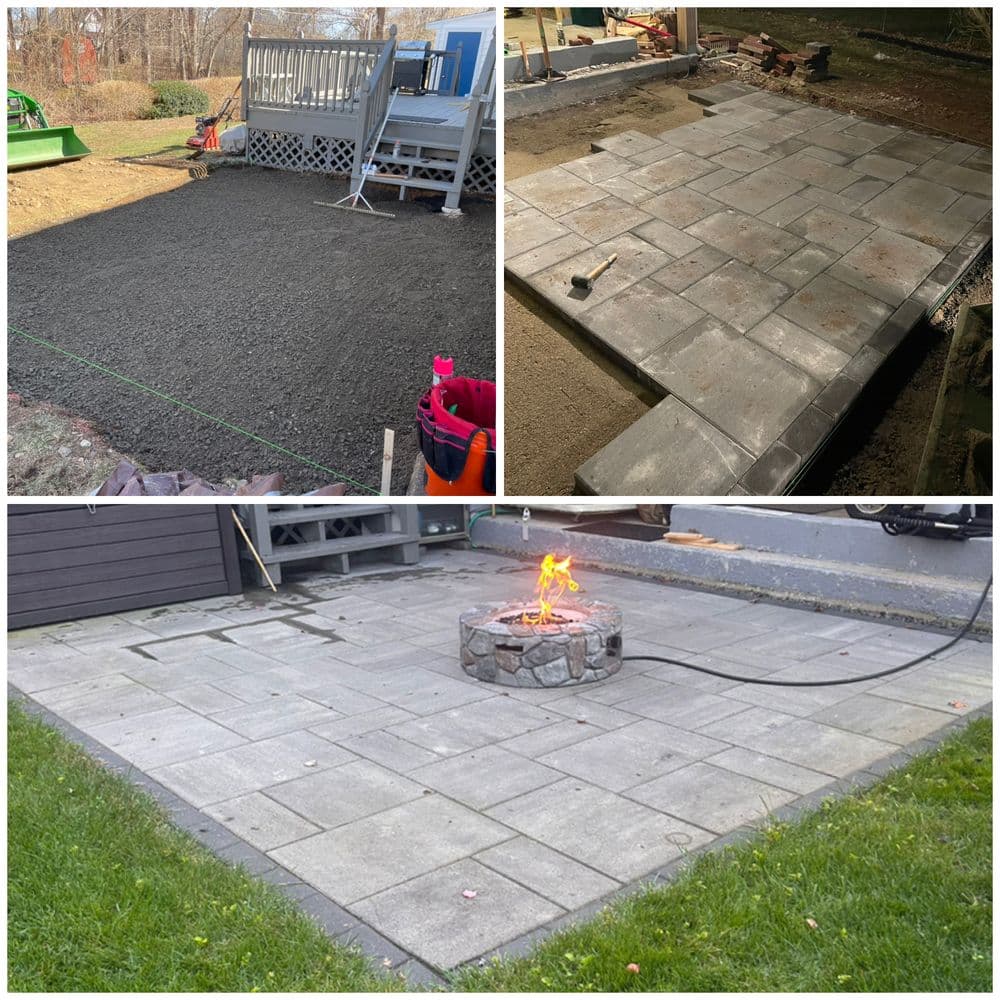 Patio paving project showcasing preparation, installation, and finished fire pit area.