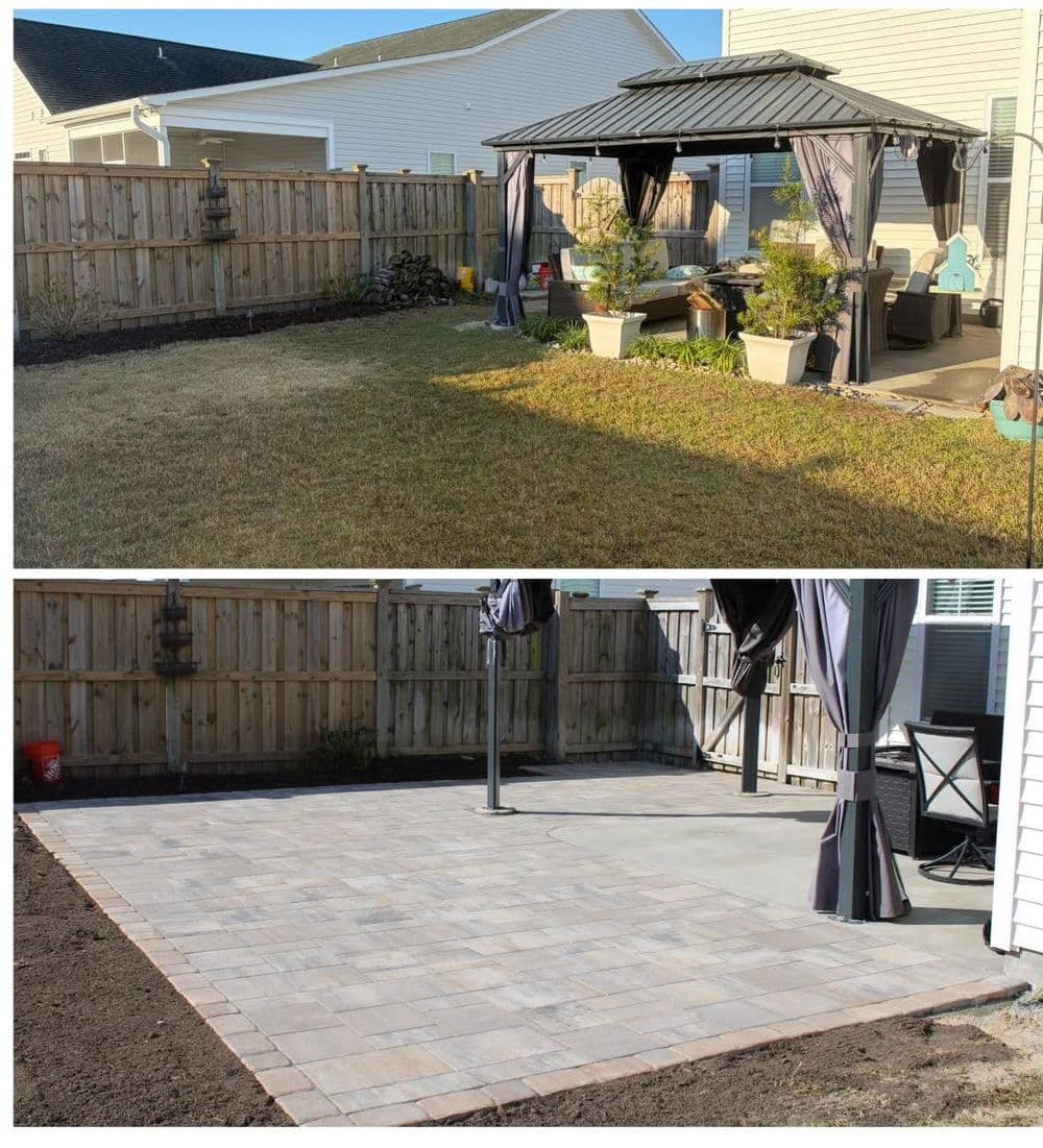 Before and after: backyard renovation with gazebo and new patio pavers.