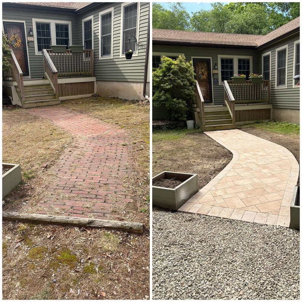 Before and after transformation of a home's walkway, showcasing improved landscaping and design.