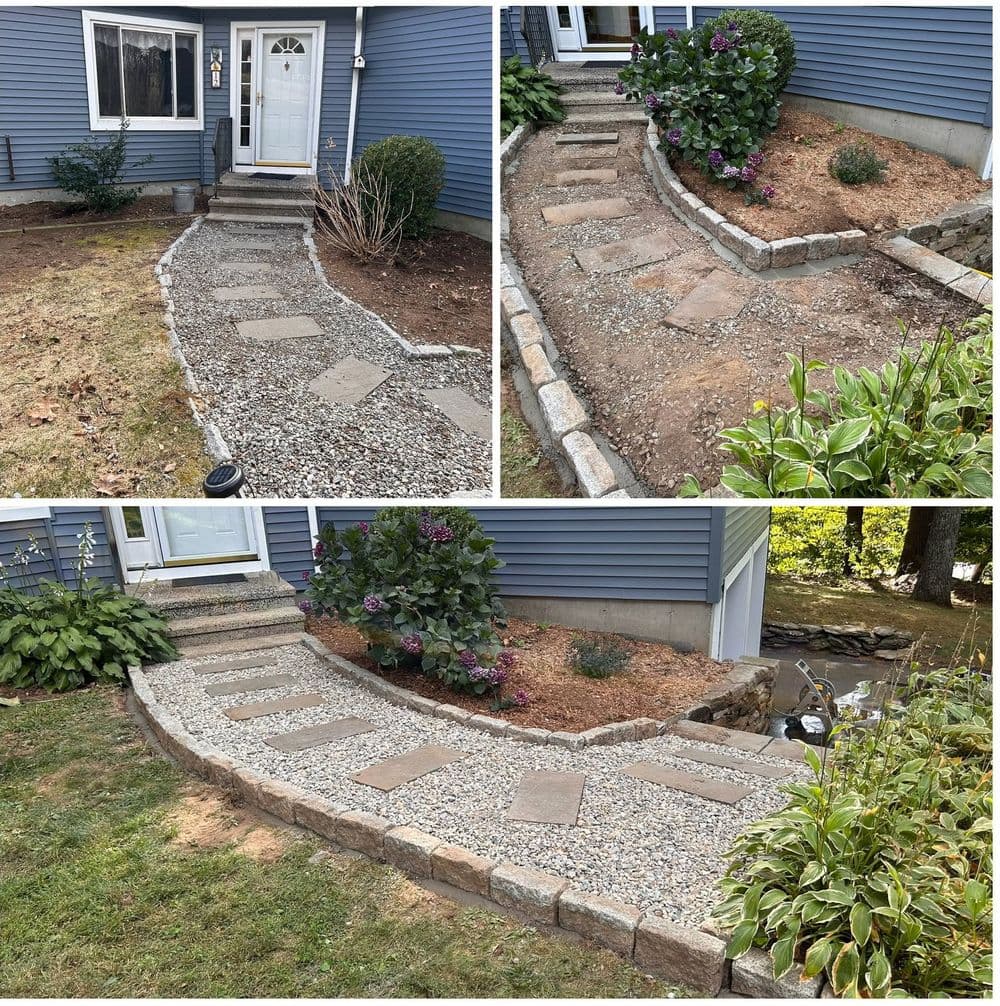 Landscaped pathway transformation with stone borders and decorative plants.